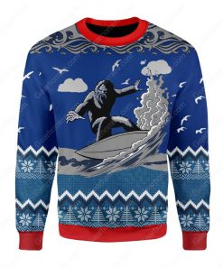 bigfoot surfing all over printed ugly christmas sweater 2