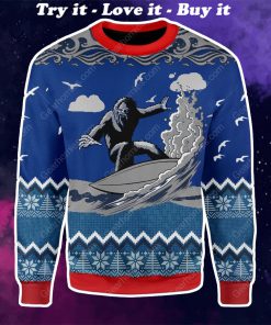 bigfoot surfing all over printed ugly christmas sweater