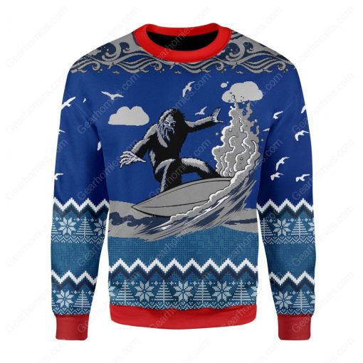bigfoot surfing all over printed ugly christmas sweater 3