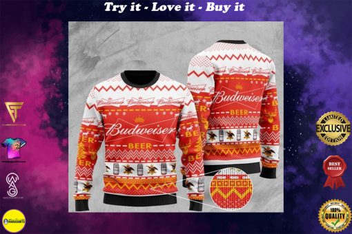 budweiser beer all over printed christmas ugly sweater