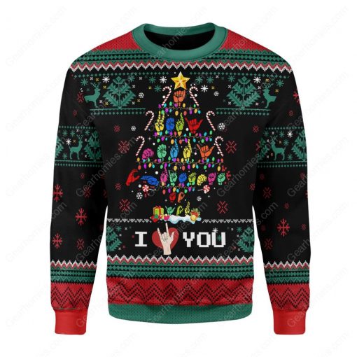 christmas tree sign language i love you all over printed ugly christmas sweater 2