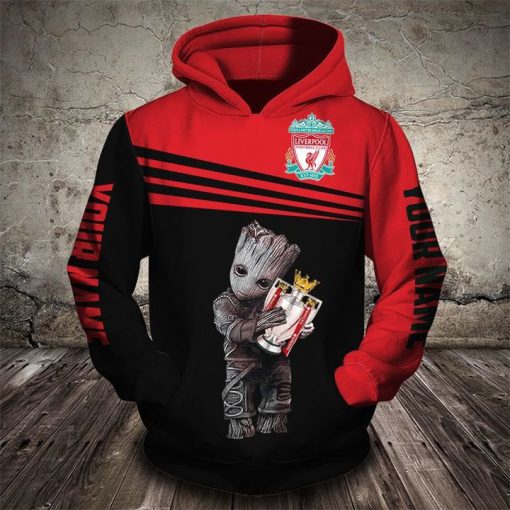 custom name baby groot love liverpool football club champions full printing hoodie