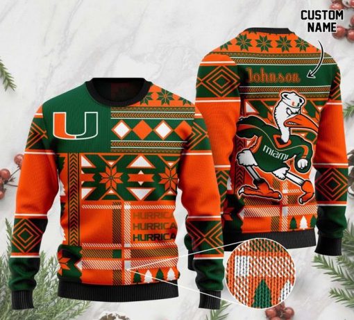 custom name miami hurricanes football christmas ugly sweater 2