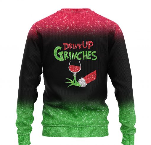 custom name the gricnh drink up green hand with glass of red wine ugly sweater 2