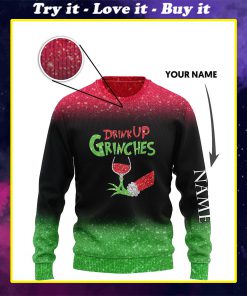 custom name the gricnh drink up green hand with glass of red wine ugly sweater