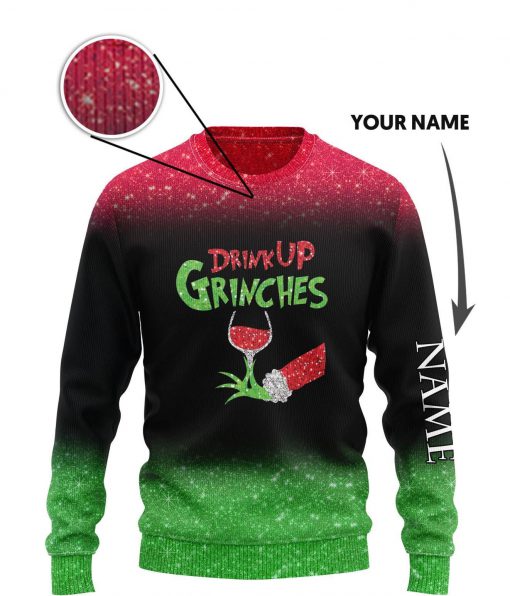 custom name the gricnh drink up green hand with glass of red wine ugly sweater 3