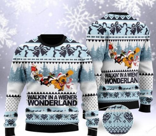 dachshund walkin in a wiener wonderland christmas ugly sweater 2 - Copy