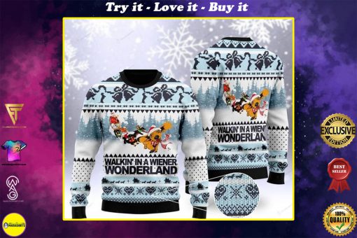 dachshund walkin in a wiener wonderland christmas ugly sweater