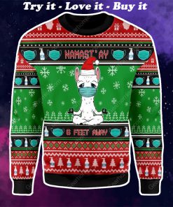 namaste stay 6 feet away all over printed ugly christmas sweater