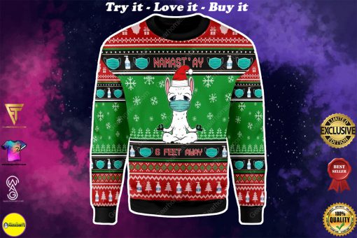 namaste stay 6 feet away all over printed ugly christmas sweater
