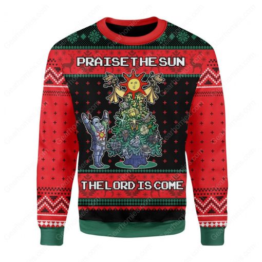 praise the sun the lord is come christmas tree all over printed ugly christmas sweater 2