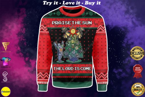 praise the sun the lord is come christmas tree all over printed ugly christmas sweater