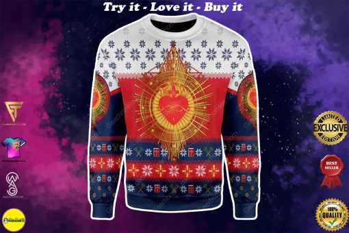 sacred heart all over printed ugly christmas sweater