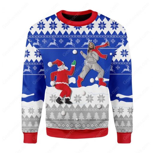 santa and Jesus play snowball all over printed ugly christmas sweater 2