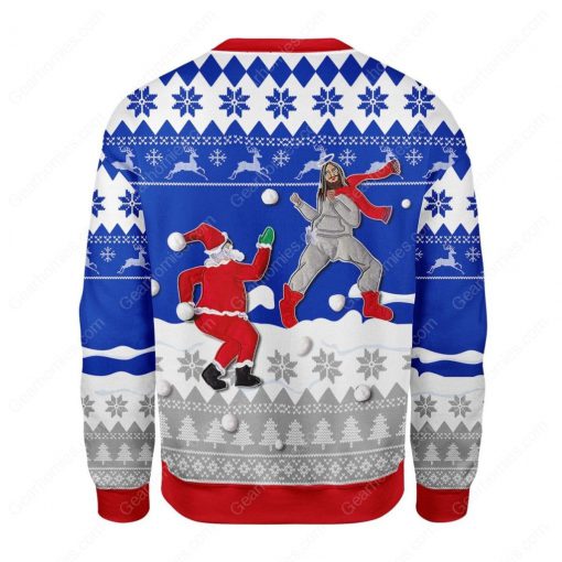 santa and Jesus play snowball all over printed ugly christmas sweater 4