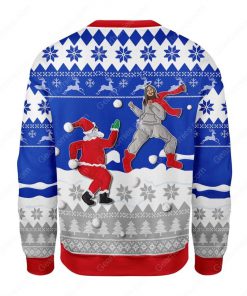 santa and Jesus play snowball all over printed ugly christmas sweater 5