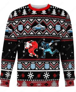 santa claus and riot police all over printed ugly christmas sweater 2