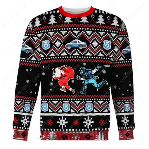 santa claus and riot police all over printed ugly christmas sweater 2