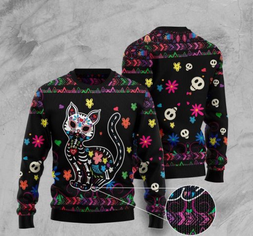 sugar skull cat pattern full printing christmas ugly sweater 2