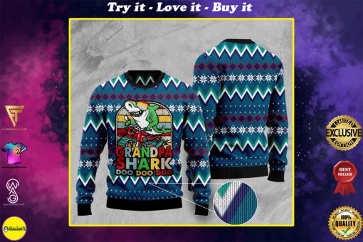 vintage grandpa shark doo doo doo pattern christmas ugly sweater