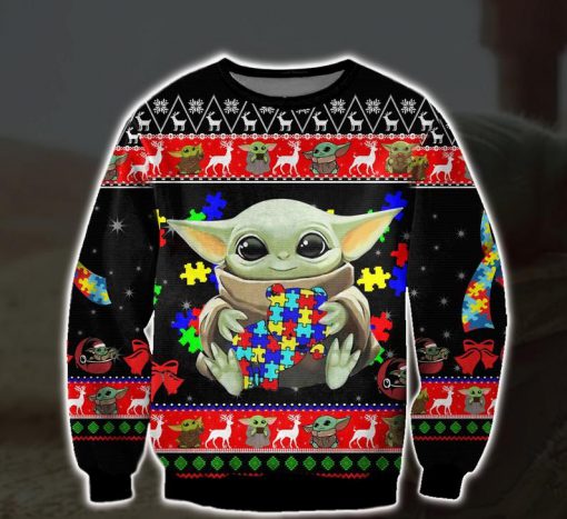 baby yoda with puzzles autism all over printed ugly christmas sweater 2