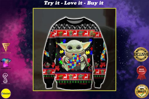 baby yoda with puzzles autism all over printed ugly christmas sweater