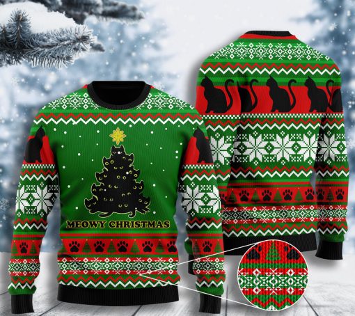 black cat meowy christmas tree all over printed ugly christmas sweater 2
