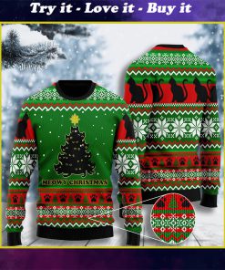 black cat meowy christmas tree all over printed ugly christmas sweater
