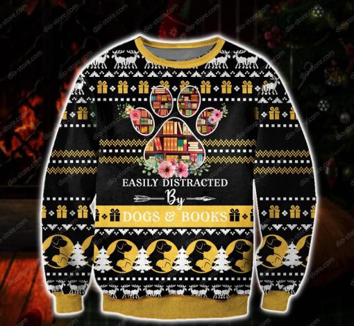 easily distracted by dogs and books all over print ugly christmas sweater 2