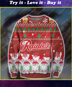 rainier beer and santa all over print ugly christmas sweater
