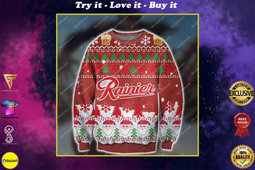 rainier beer and santa all over print ugly christmas sweater