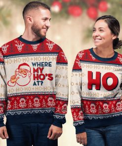santa claus where my hos at couple ugly christmas sweater 2