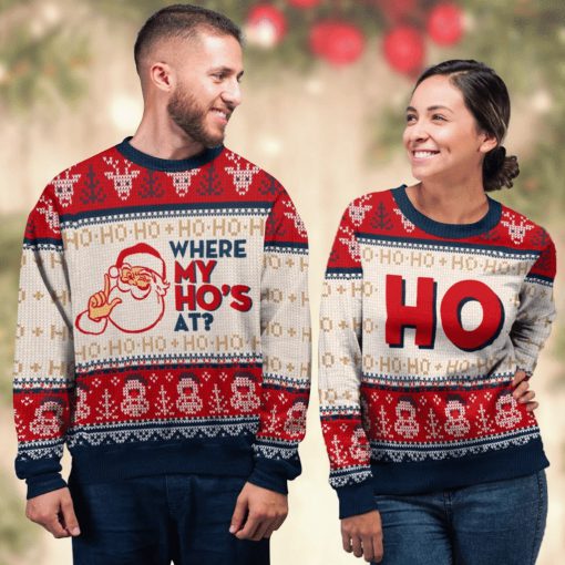 santa claus where my hos at couple ugly christmas sweater 2