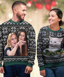 woman yelling at a cat all over printed ugly christmas sweater 4