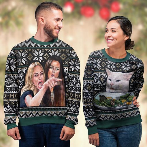woman yelling at a cat all over printed ugly christmas sweater 5