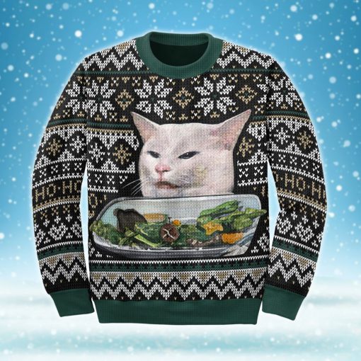 woman yelling at a cat couple shirt ugly christmas sweater 2
