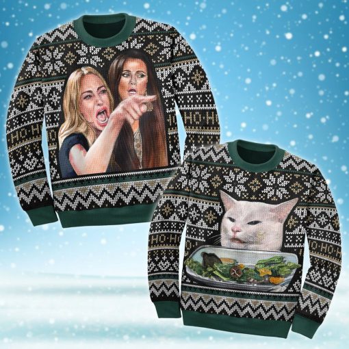 woman yelling at a cat couple shirt ugly christmas sweater 4