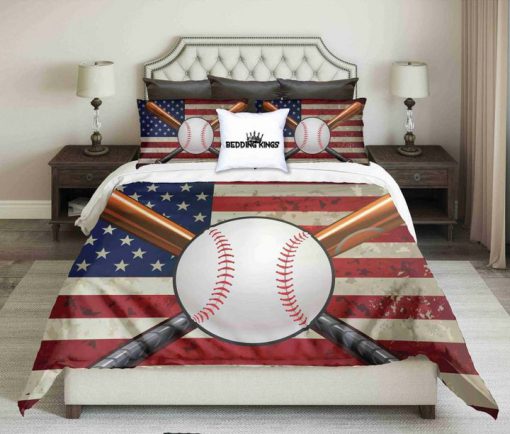 american flag and baseball all over printed bedding set 2