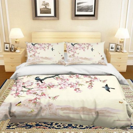 apricot flower and bird all over printed bedding set 2