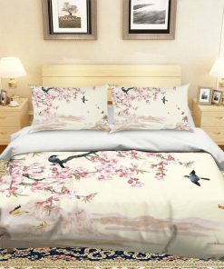 apricot flower and bird all over printed bedding set 4