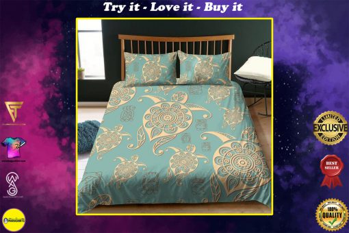 aztec turtles turquoise all over printed bedding set