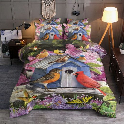 birdhouse and flower all over printed bedding set 3