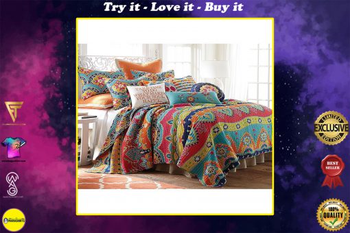 blue red geometric stripe all over printed bedding set