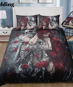 couple skull and rose all over printed bedding set 2