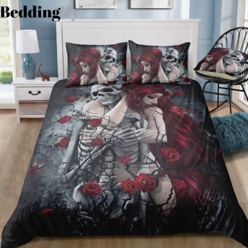 couple skull and rose all over printed bedding set 3