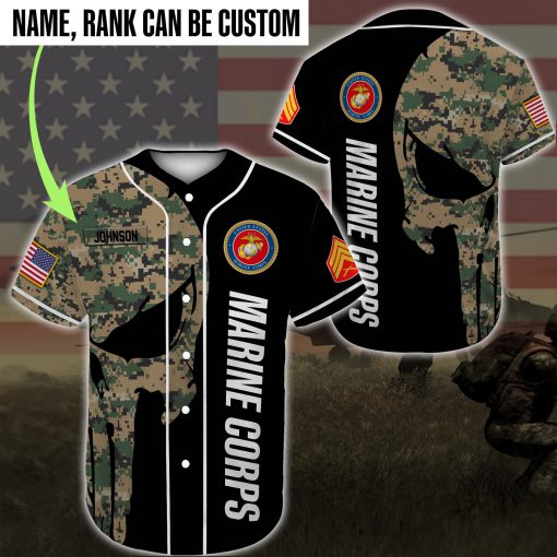 custom name skull united states marine corps green camo all over printed baseball shirt 2