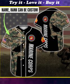 custom name skull united states marine corps green camo all over printed baseball shirt