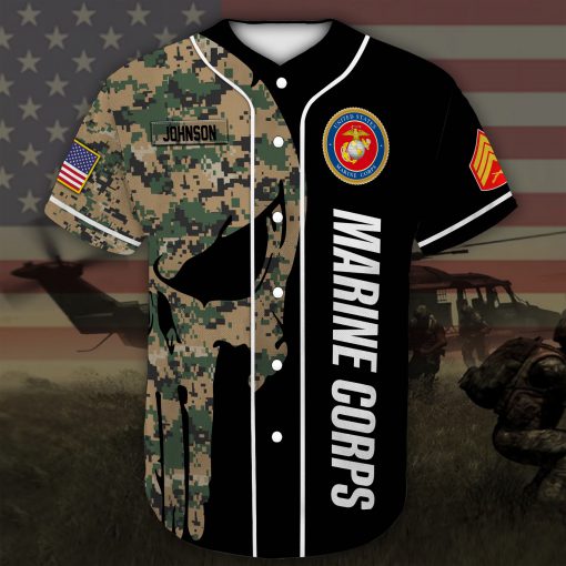 custom name skull united states marine corps green camo all over printed baseball shirt 4