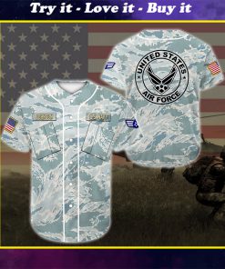 custom name united states air force blue camo all over printed baseball shirt