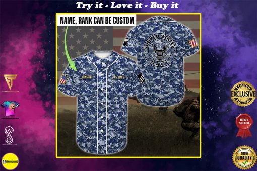custom name united states navy sea blue camo all over printed baseball shirt